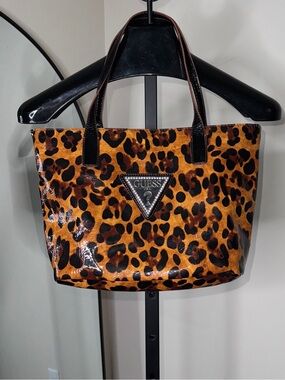 Guess Leopard Patent Leather Diamond Logo Shoulder Tote Bag Black Brown